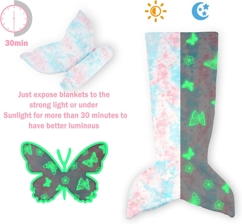 Viviland Kids Mermaid Tail Blanket, Glow in The Dark Flannel Mermaid Blanket Gifts for Girls, Luminous Star Tie Dye