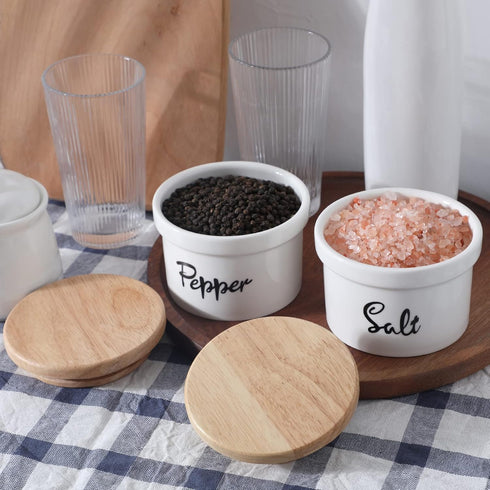 HAOTOP Salt and Pepper Bowls, 12.5 oz Ceramic Container with Wooden Lid for Countertop, Farmhouse Kitchen Decor