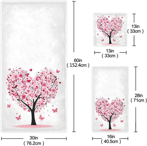 Set 3 Sets Pfrewn Pink Flowers Heart Tree Towels of Romantic Love Spring Trees Butterfly Bathroom Towel Soft Absorbent