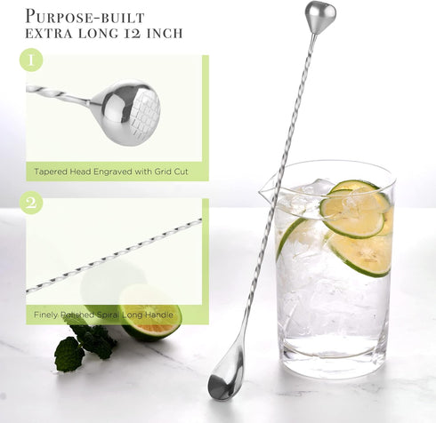 Homestia Bar Spoon Cocktail Mixing Stirrers - 12 Inches 304 Stainless Steel - Bottom Weighted Muddler Function, Silver