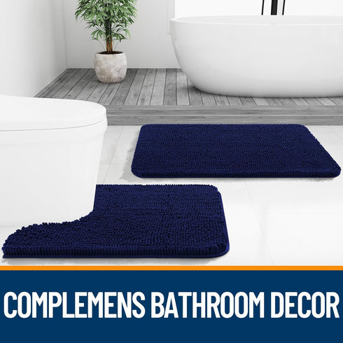 OLANLY Toilet Rugs U-Shaped 24x20 - Extra Soft Absorbent Chenille Bathroom Rugs, Non-Slip, Machine Washable Navy