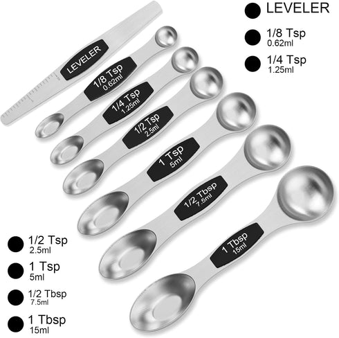 Magnetic Measuring Spoons Set - Wildone Stainless Steel Double Sided Set of 7 Black for Dry & Liquid Ingredients
