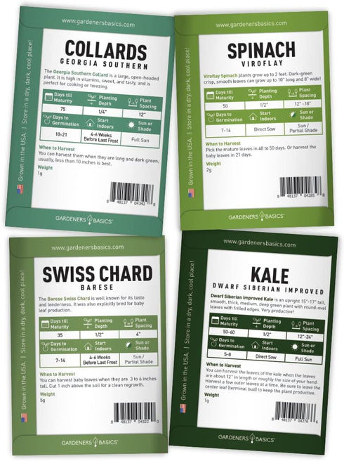 8 Packets Gardeners Basics, Leafy Garden Greens Seeds for Planting Individual - Arugula, Collards, Spinach, Swiss