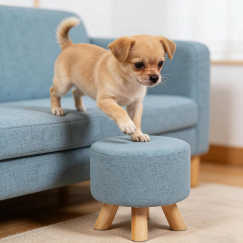 Asense Small Round Ottoman Foot Rest Stool Fabric Padded Seat Footstool Ottoman with Anti-Slip Wooden Legs (Light