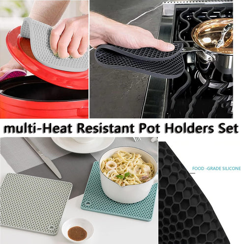 Silicone Pot Mat Trivet, Heat Resistant Counter Mats for Tables, 4 Pack Black (2 Squared + 2 Round)