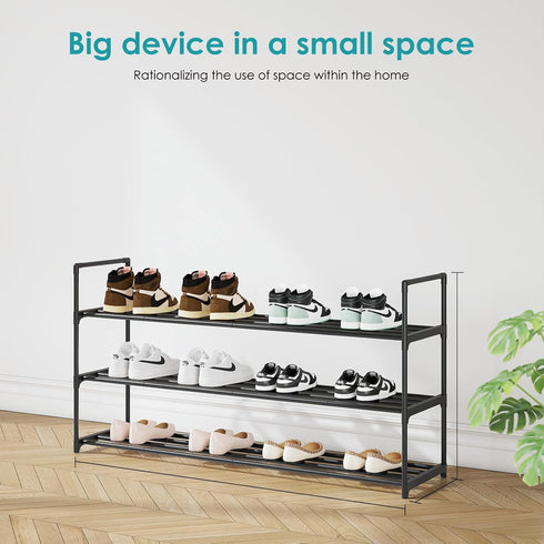 3-Tier 15 Shoe Rack Metal Shoe Rack - Stylish Black Shoe Organizer for Pairs - Easy to Assemble Entryway Storage Shelf