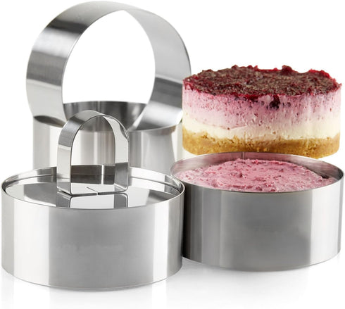 Uncle Jack Professional Stainless Steel Food Tower Cooking Rings with Food Press - Round Forms (Set of 2)