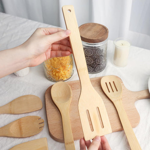 6PCS Bamboo Kitchen Utensils Set | Bamboo Spatula Spoons for Home Kitchen | Housewarming Holiday Gift