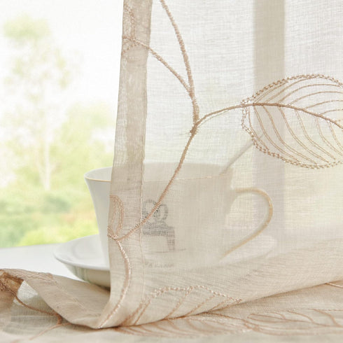 Topick Beige Sheer Leaf Curtain Kitchen Valance for Windows, Leaf Embroidered Voile Small Curtain 16 Inch