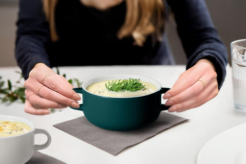 Kook Soup Crocks, Set of 4 Ceramic Bowls, 18 oz, Hunter Green, Broil, Oven, Microwave and Dishwasher Safe with Handles