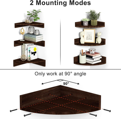 Set 3 Alsonerbay Corner Shelf Wall Mount, of Floating Shelves for Storage and Display, Rustic Wood Shelves for Bedroom
