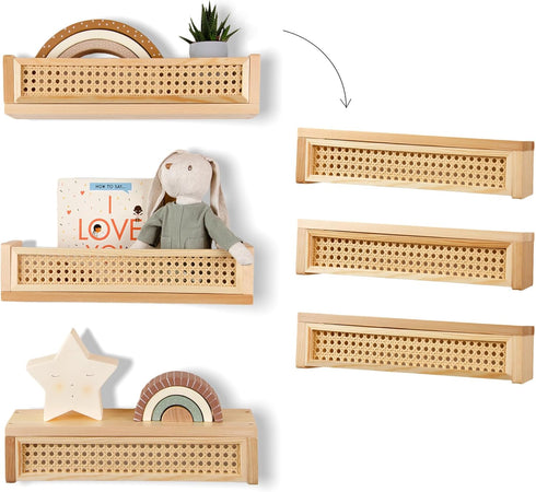 Rattan Wall Shelf 3 Pack, 16 Inch Floating Shelves for Nursery, Boho