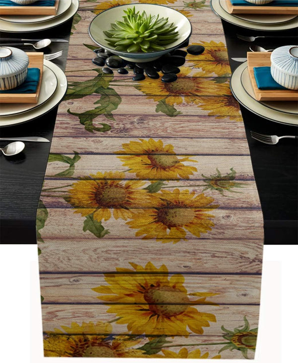 Rustic Sunflowers Table Runner - Cotton Linen - 72 Inch Dresser Scarves for Kitchen, Dining, Sofa, Home Decor