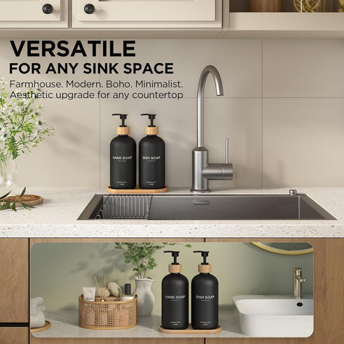 Set,16oz Pump,Countertop Hand and Dish Soap Dispenser Glass Bottles with Printed Labels, Bamboo Tray & Soap Dispensers