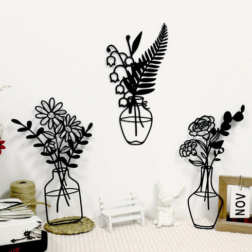 Zzbakress 3 Pcs Black Metal Flowers and Vases Wall Decoration - Minimalist Art Wall Sculpture for Living Room
