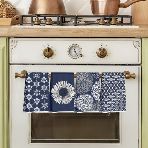 Hanamiya Na 4 Pcs Blue Flower Artistic Kitchen Towels, Blue Flower Absorbent Tea Hand Towel, Microfiber Dish Cloths