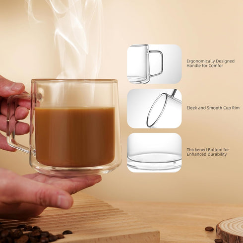15oz(4-pack) CNGLASS Double Walled Glass Coffee Mugs,Large Insulated Glass Mugs with Handle,Clear Coffee Cups