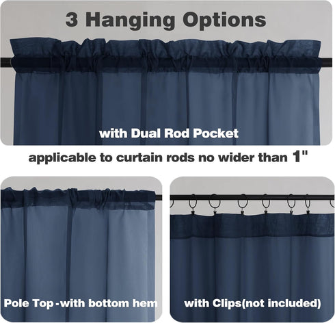 Sheer Window Valance Curtains, 42x14 Inches Light Filtering Valances with Small Rod Pockets, Navy Blue, 2PCS