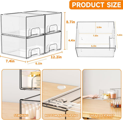Yieach 4.4" Closet,Medicine Bottles,Pacifier,4 Tall Small Clear Acrylic Stackable Storage Drawers for Vanity,Under