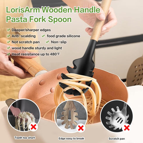 Wooden Handle Pasta Fork Spoon 12" Silicone Spaghetti Fork Food Grade Noodle Spoon, BPA Free, Spaghetti Spoons Strainer & Server Spoonss by LorisArm