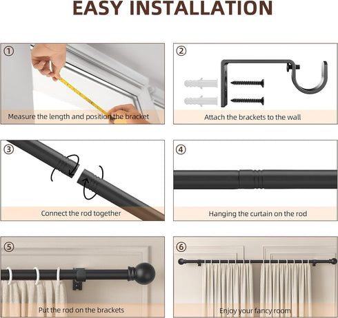 Black 5/8 inch Curtain Rods for Windows 32 to 48, Single Window Curtain Rod Set with Brackets