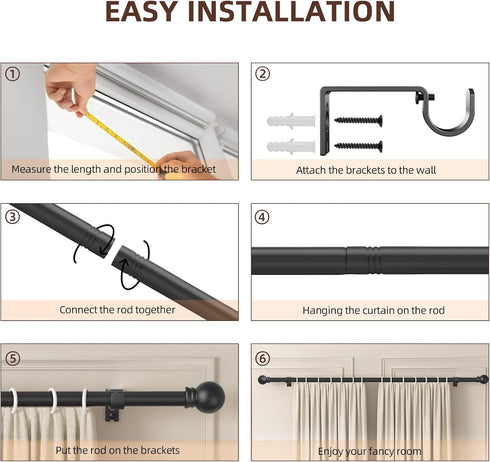 Black 5/8 inch Curtain Rods for Windows 48 to 84-93, Single Window Curtain Rod Set with Brackets