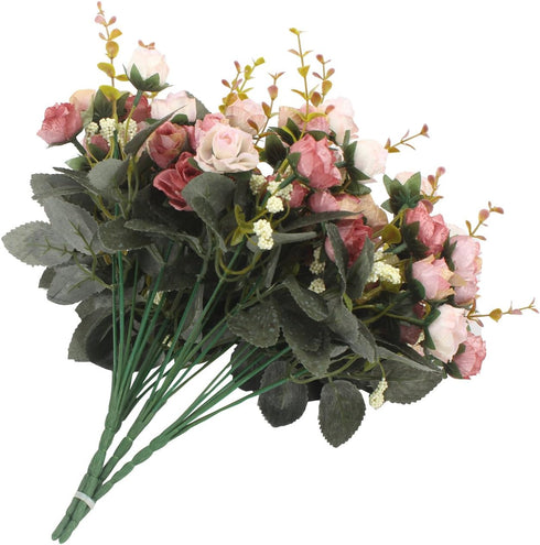 Duovlo 7 Branch 21 Mini Rose Heads Artificial Flowers Bouquet, Pack of 4, Wedding Home Office Decor, Pink
