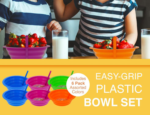 Arrow Home Products Sip-A-Bowl Set, 22oz, 6pk - BPA Free Straw Bowls for Kids, Made in the USA, Blue, Pink, Green,