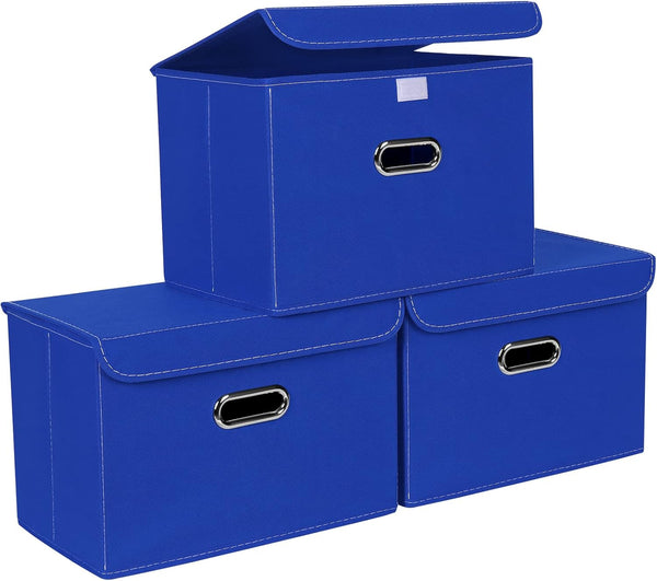 STOREONE 3 Pcs Fabric Storage Cube Bins, Foldable Organizer Container with Lids and Metal Handles for Home