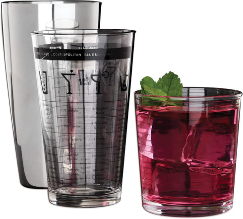 HIC Bar Boston Cocktail Shaker and Mixer Glass Set with 7 Printed Recipes, 18/8 Stainless Steel and Borosilicate Glass by HIC Kitchen