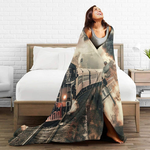 HSYOYO 80"x60" Train Travelling Throw Blanket Fluffy Fleece Blankets Vintage Lightweight Travel Blanket Indoor Outdoor