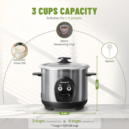 3-Cup 1-3 Uncooked Rice Cooker Small - Ceramic Coating Non-Toxic Inner Pot, One-Touch Multifunction