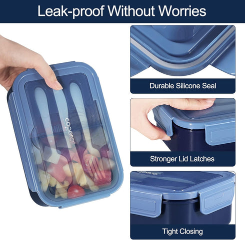 Caperci Classic Bento Box Adult Lunch Box, 47 oz Leakproof 3-Compartment Container for On-the-Go Eating, Navy Blue
