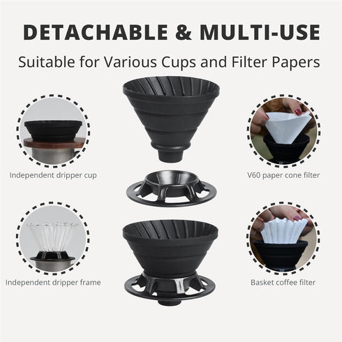 Collapsible Coffee Dripper, Silicone Reusable Pour Over Coffee Maker, Pour Over Coffee Dripper for Camping, Business Trip, Home&Office, Single Clever Coffee Dripper, 02 & #01(Black, 1-2 Cup)