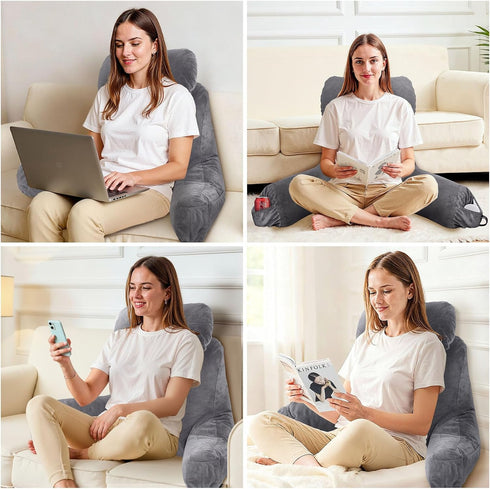 25''H Reading Pillow for Sitting in Bed Adult, Bed Pillow with Shredded Memory Foam, Pillow with Detachable Neck Roll