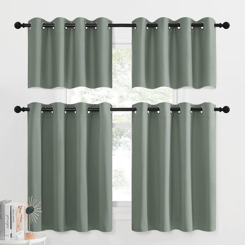 NICETOWN Blackout Tiers Valance Curtain, 2 Panels 52" x 30", Thermal Insulated Grommet, Greyish Green for Kitchen/Office