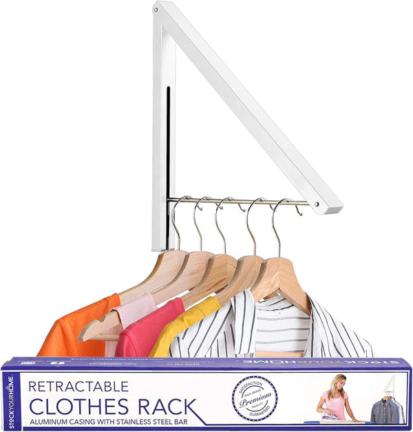 Foldable Clothing Rack, Wall-Mounted Retractable Clothes Hanger for Laundry Room, Small Collapsible Drying Rod (White)