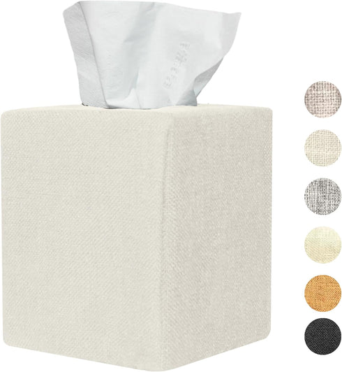 Tissue Box Cover, Cute Beige Linen Fabric Decorative Square Holder for Bathroom Vanity, Office, Nightstand