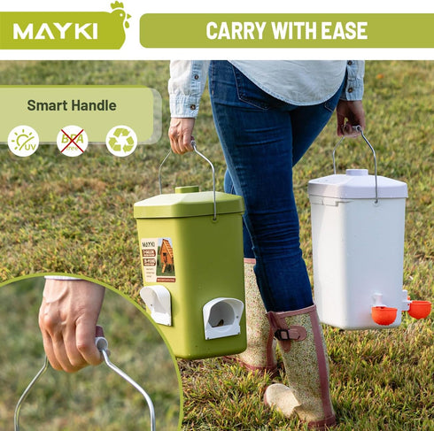Set, 3 Gallon/26 LB 10 MAYKI Chicken Feeder and Waterer No Waste Poultry Feeding System with Hanging Option, Automatic
