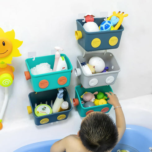 3 Bath Toy Storage Organizer Basket, Layers Colorful Robot Modeling Wall Mounted Kids Hanging Shower Caddy with Hooks