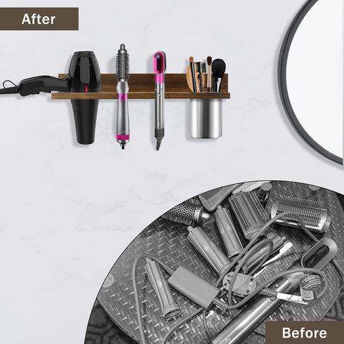 Wall Mounted Hair Tool Organizer, Wooden Blow Dryer Holder for Bathroom, Rustic Styling Tools Organizer for Hair Tools