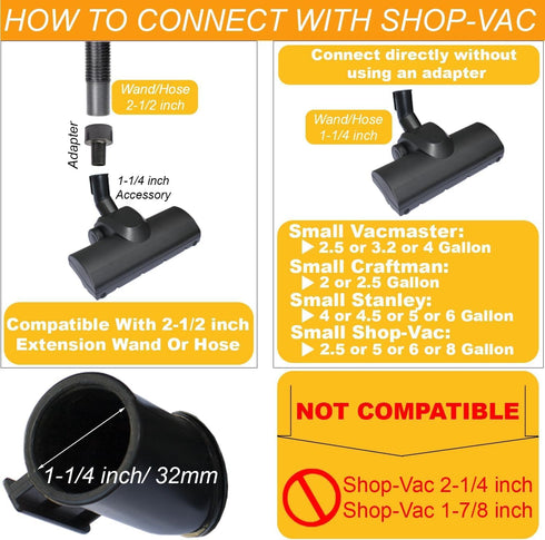 Turbo Brush Head with 1 1/4-Inch Connection, Vacuum Hose Adapter Kit for Easy Pet Hair Removal
