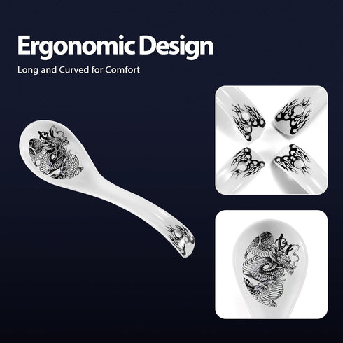 Set of 4 Dragon Ceramic Soup Spoons, 6.2 Inch Asian Spoons for Chinese, Korean, Japanese Ramen and Pho