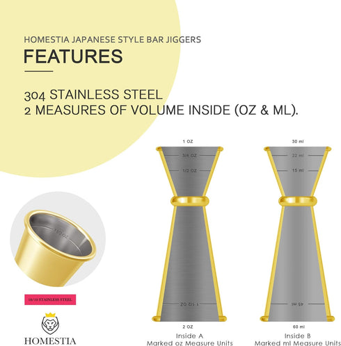 Homestia 10" Stainless Steel Muddler, 12" Cocktail Spoon, 1 oz 2 oz Double Jigger, 3 PCS Gold Cocktail Set for Beverages
