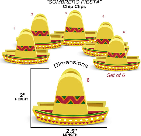 Sombrero Chip Clips, 6 Set Bag Clips for Food Storage, Snack Bag Sealer with Fun Mini Sombrero Hats