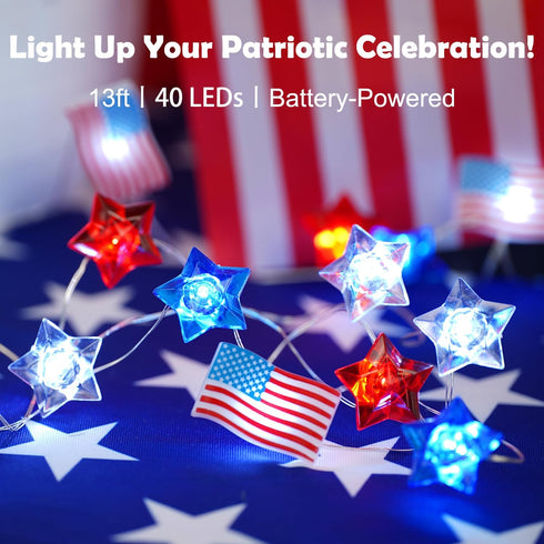 4th 13 40 BOHON of July Decorations Battery Operated String Lights with Timer ft LEDs Red White and Blue Star American
