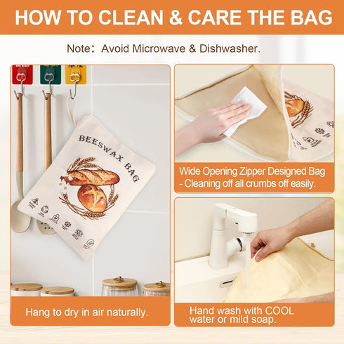 Nedsewor 2 Pack Reusable Beeswax Bread Bags for Sourdough, Cotton Bread Bag with Wide Zipper Opening & Handle, Large