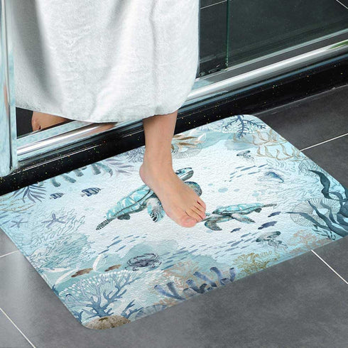 Sea Turtle Bath Rugs for Bathroom, Teal Blue Ocean Beach Coastal Non Slip Flannel Bath Mat, 17x29 Inch