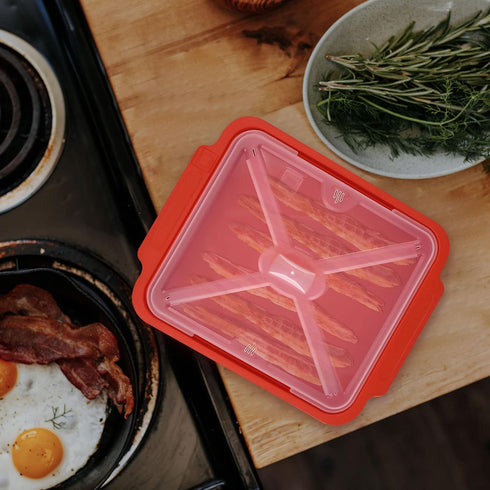 MMUGOOLER Microwave Easy Bacon Maker with Lid, Quick and Mess-Free Cooking, 11.3“ L x 9.0" W x 2.4" H