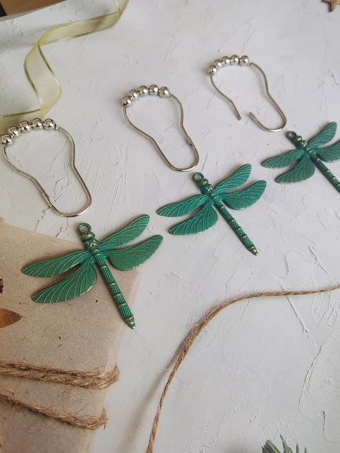 Decorative Antique Green Dragonfly Shower Curtain Hooks - Rust Proof Rings for Natural Forest Garden Bathroom Decor